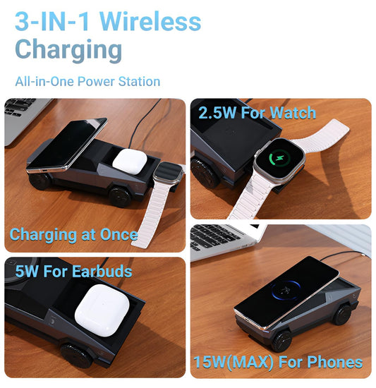 Cybertruck 3 in 1 Wireless Charger Fast Charging Dock for Phone Watch & Earbuds 15W Magnetic Stand Futuristic Design Safe & Travel Friendly