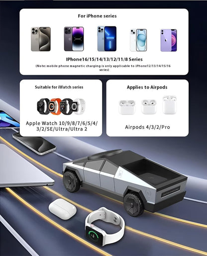 Cybertruck 3 in 1 Wireless Charger Fast Charging Dock for Phone Watch & Earbuds 15W Magnetic Stand Futuristic Design Safe & Travel Friendly